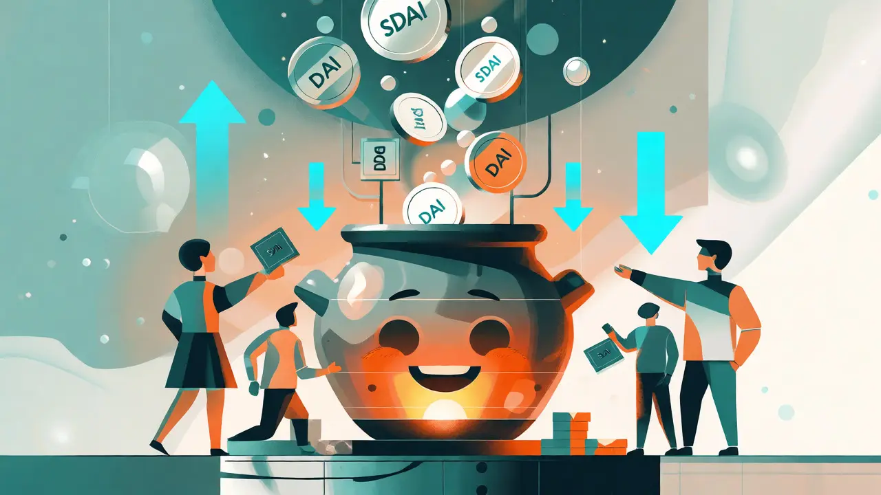 Stylized pot converting tokens into appreciating savings coins