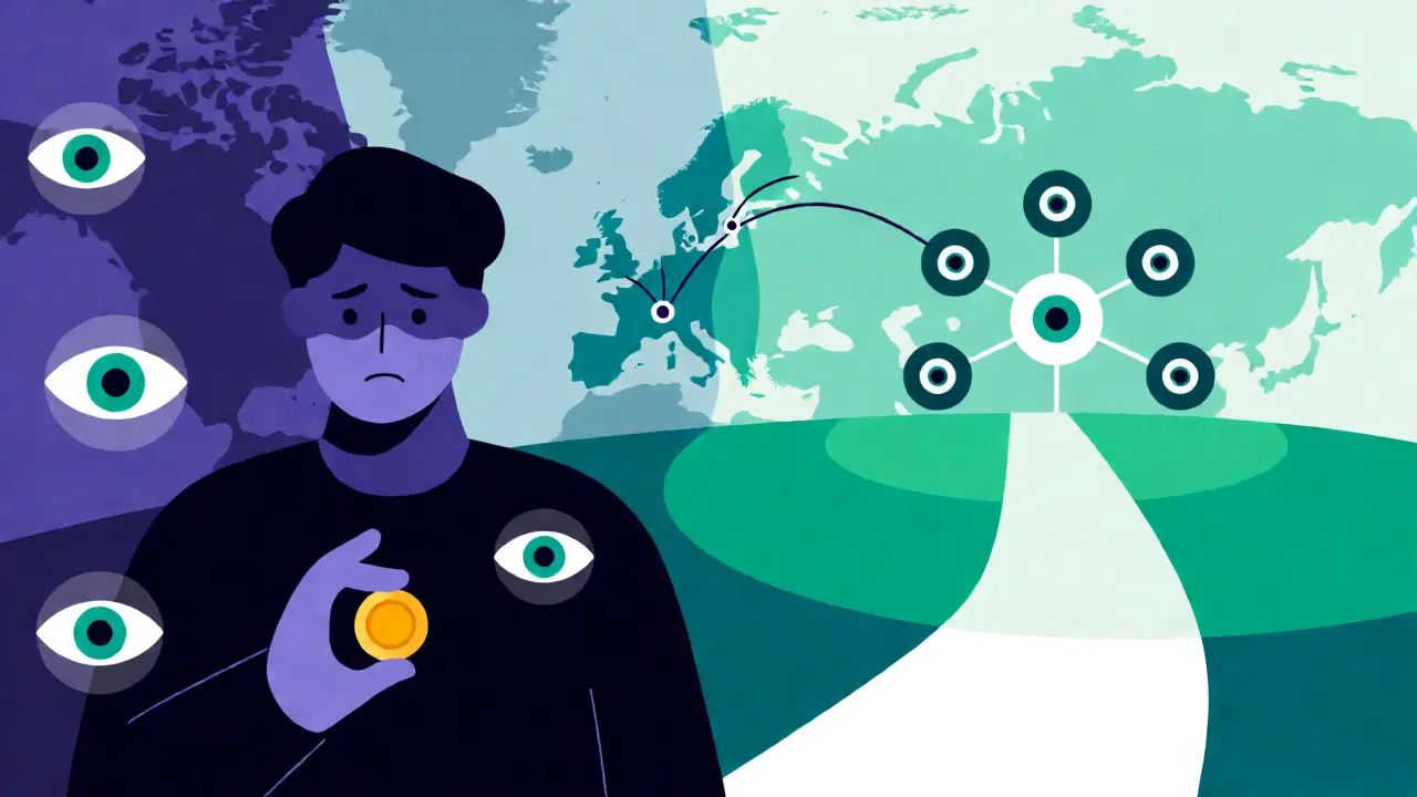 Symbolic illustration of surveillance eyes facing a decentralized future