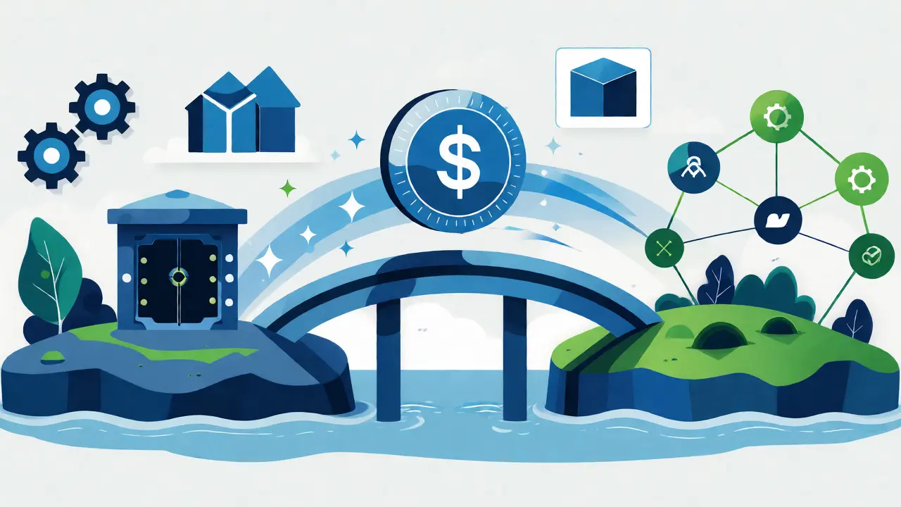 Token bridging bank savings and DeFi ecosystems in flat art