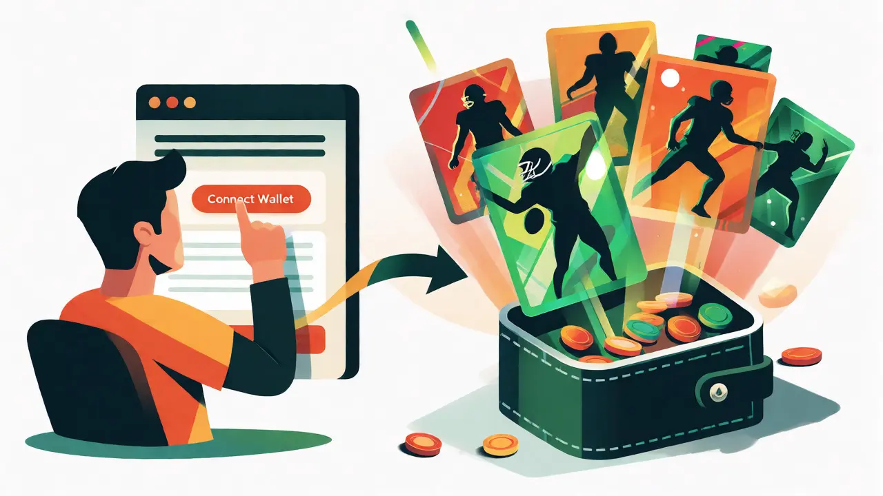 User connecting a wallet to claim holographic football NFT cards and digital tokens.