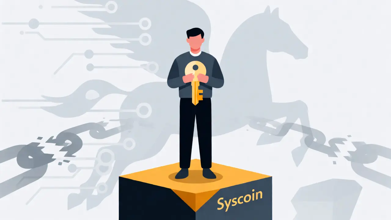User holding private keys securely on a Syscoin platform amidst risk indicators