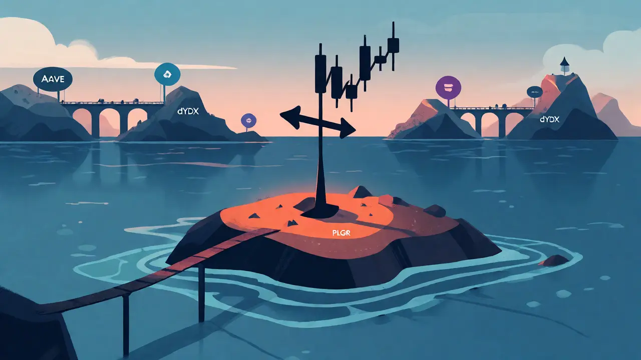 Visual metaphor of PLGR as an isolated island with limited connection to major crypto markets due to low liquidity.