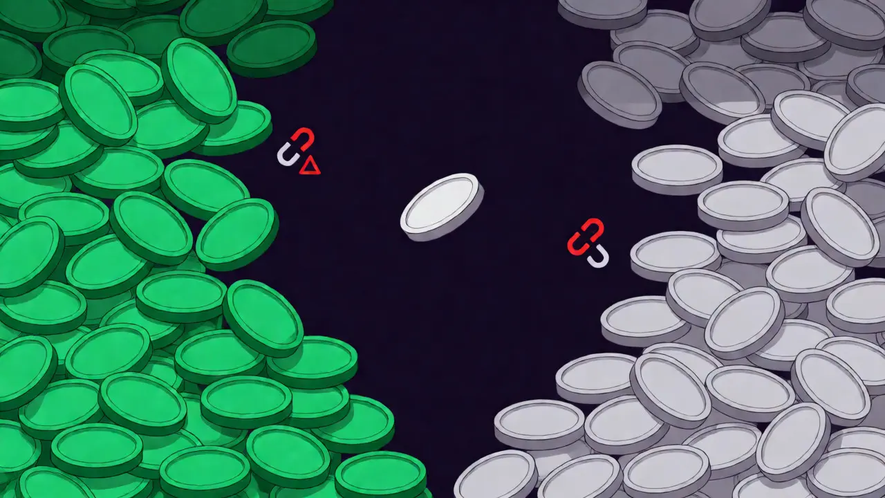 Visual representation of low liquidity with a coin stuck in a void between disconnected blockchains.