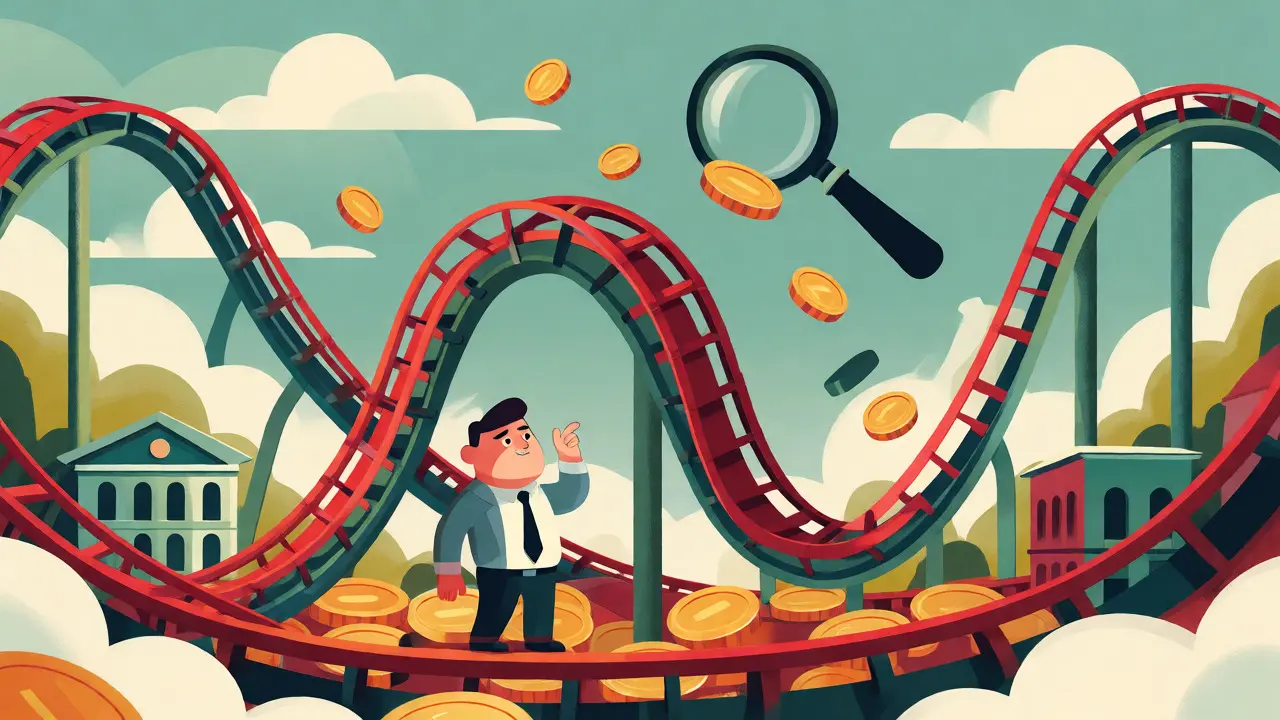 Whimsical rollercoaster illustrating Magaiba's volatile price history and low liquidity risks.