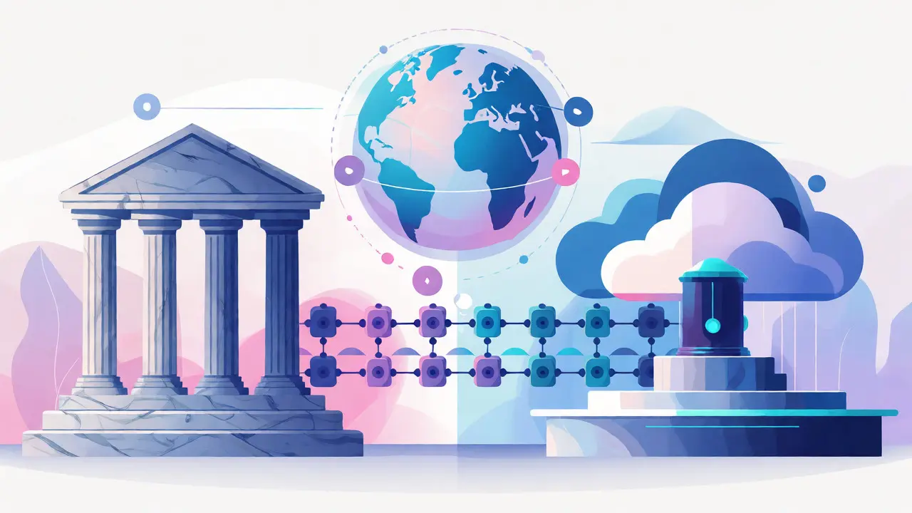 A bridge connecting a classical bank pillar to a futuristic cloud infrastructure.
