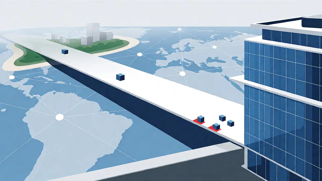Bridge connecting compliant EU exchanges to risky offshore jurisdictions.