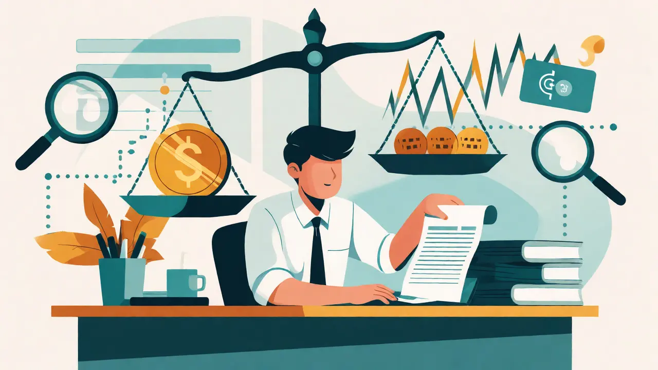 Business person managing compliant crypto transactions with documentation and regulated channels.