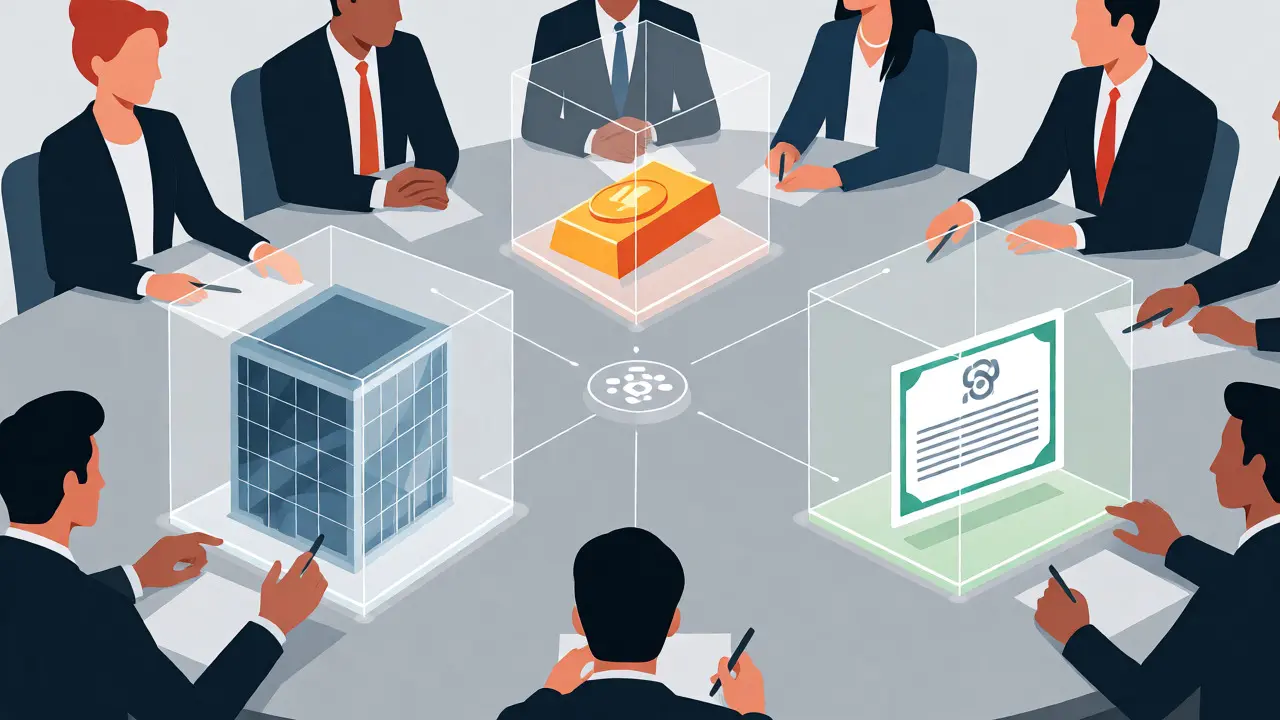 Business professionals viewing holographic projections of tokenized real estate, gold, and bonds.