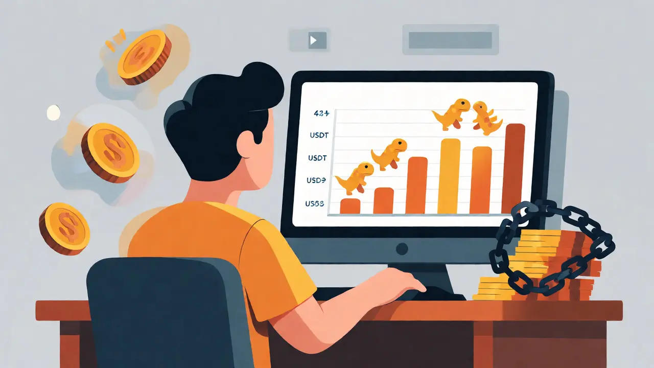 Cartoon character voting with USDT to earn DSG tokens via Kickstarter campaign.