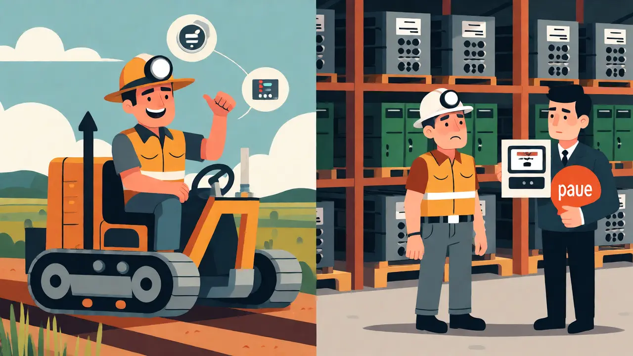 Cartoon miners in Alberta and BC facing different energy and regulatory conditions.