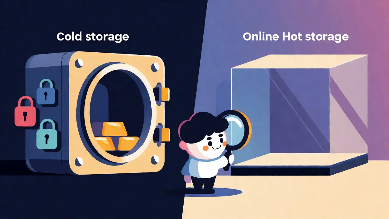 Cartoon-style image comparing secure cold storage vaults against fragile hot storage boxes.