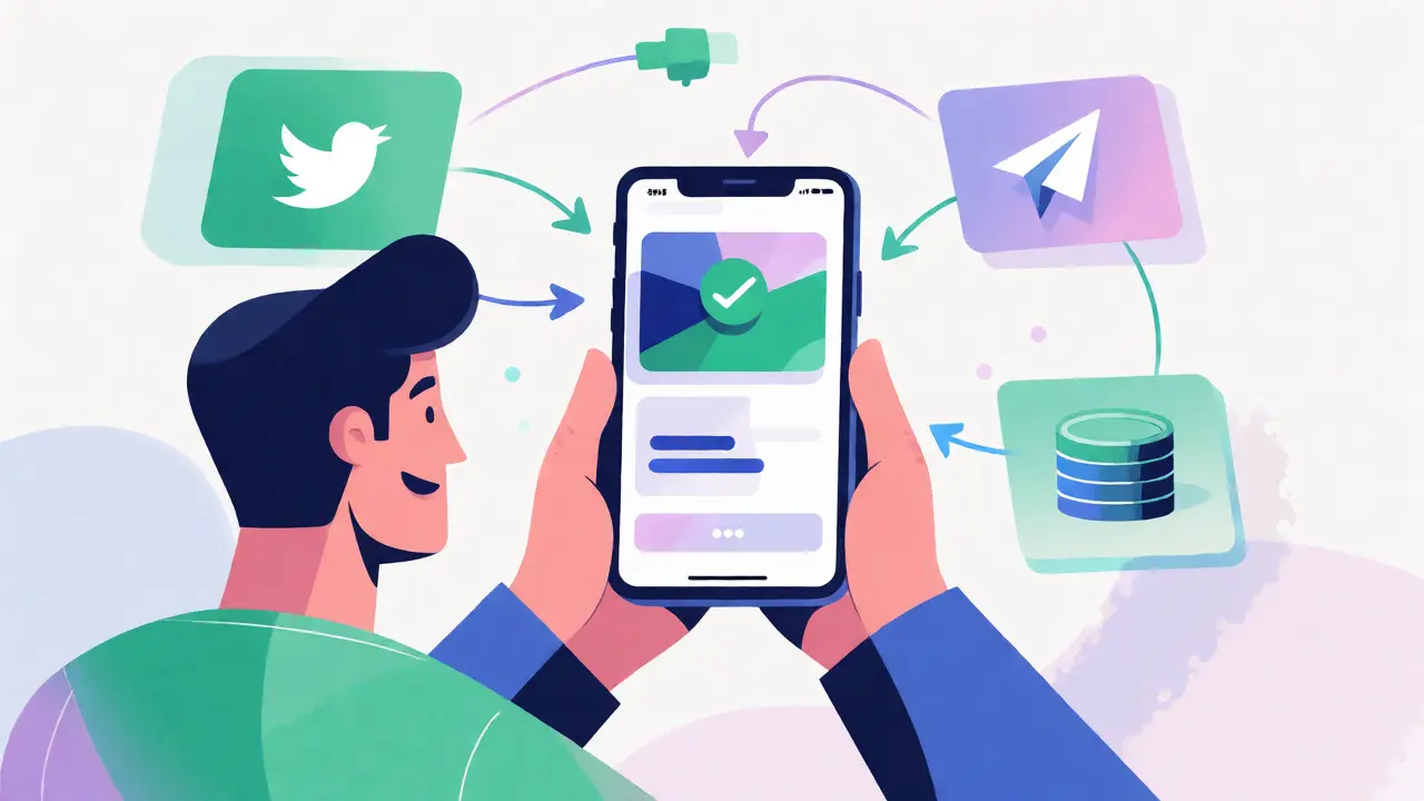 Character claiming crypto tokens after completing social media tasks on a phone
