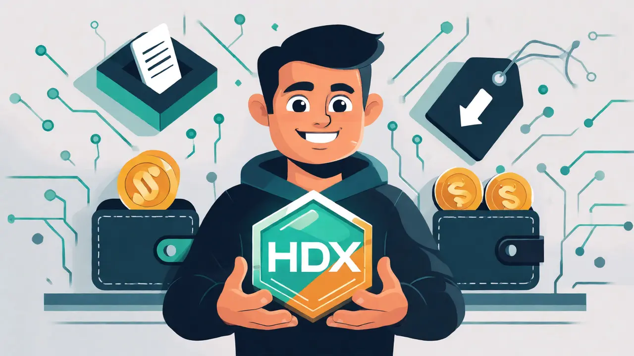 Character holding HDX token surrounded by icons for governance, staking, and fees.