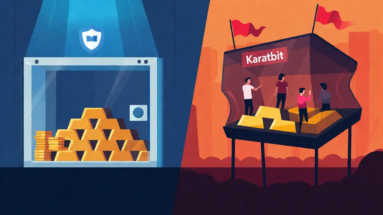 Comparison between a stable regulated exchange vault and an unstable Karatbit platform.