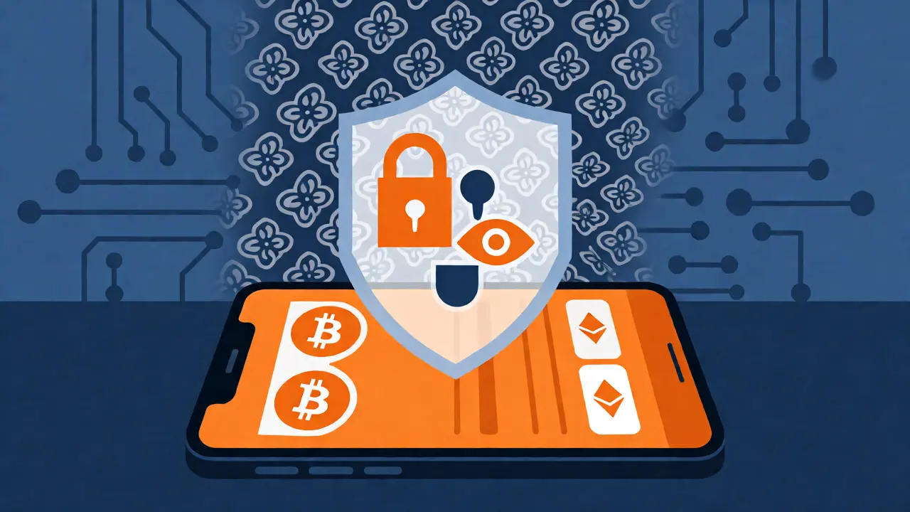 Concept art of digital wallet protected by financial security shield and batik motifs