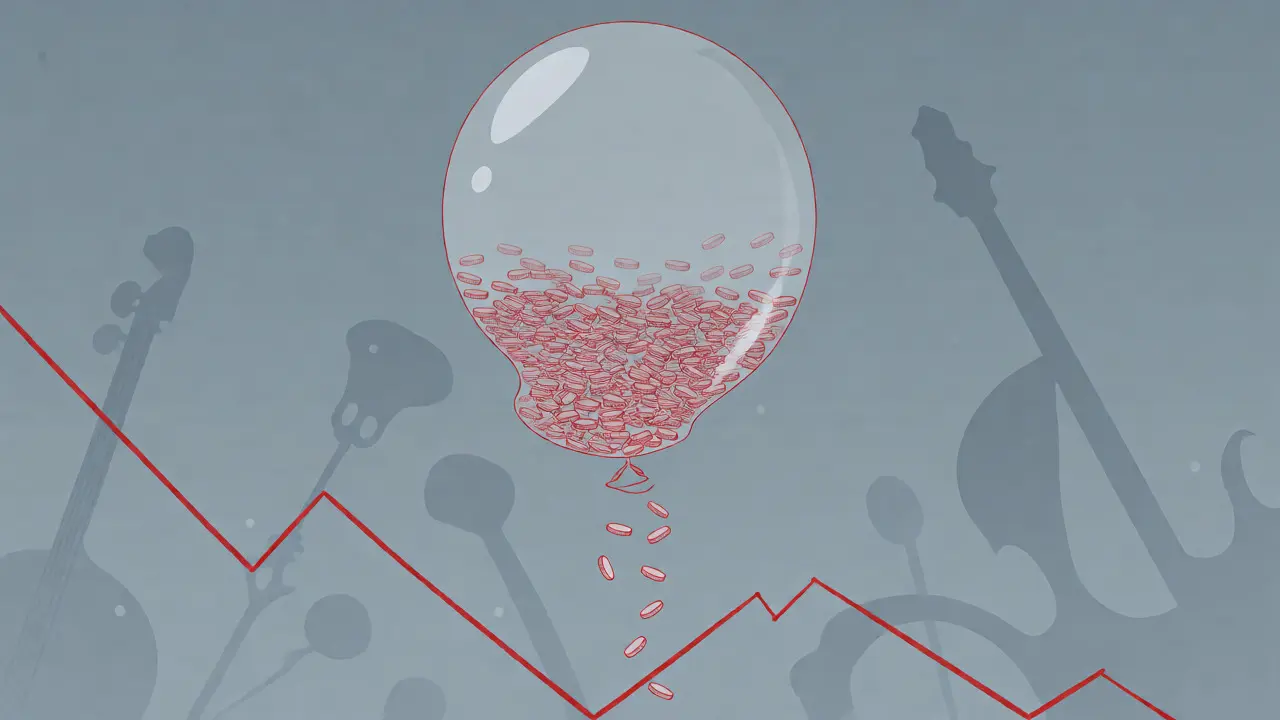 Deflating glass balloon leaking coins above declining graph