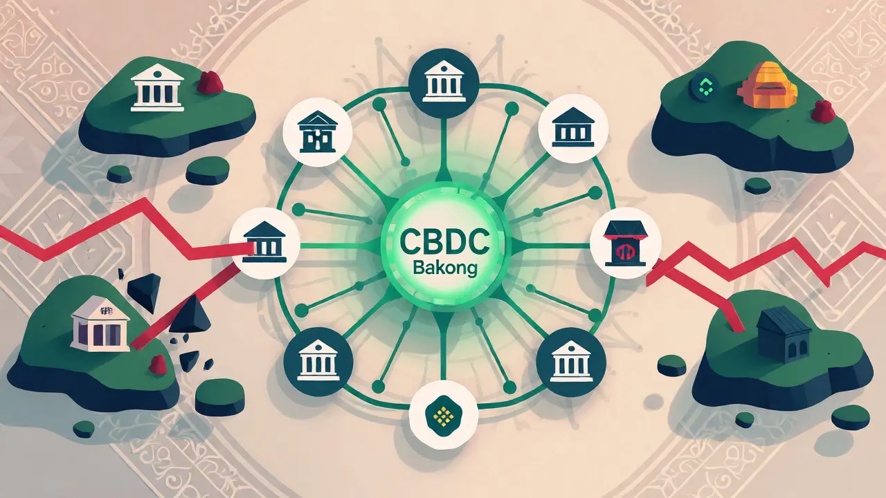Diagram showing connected Bakong payment network versus isolated offshore crypto exchanges.