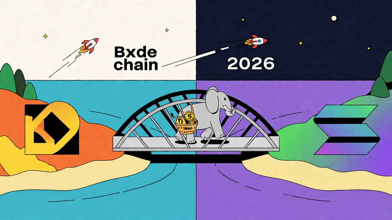 Elephant crossing a bridge between two colorful blockchain islands
