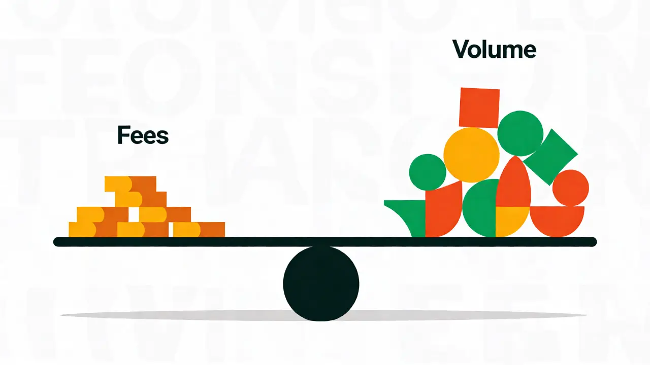 Flat illustration of a balance scale comparing low fees with high volume altcoins.