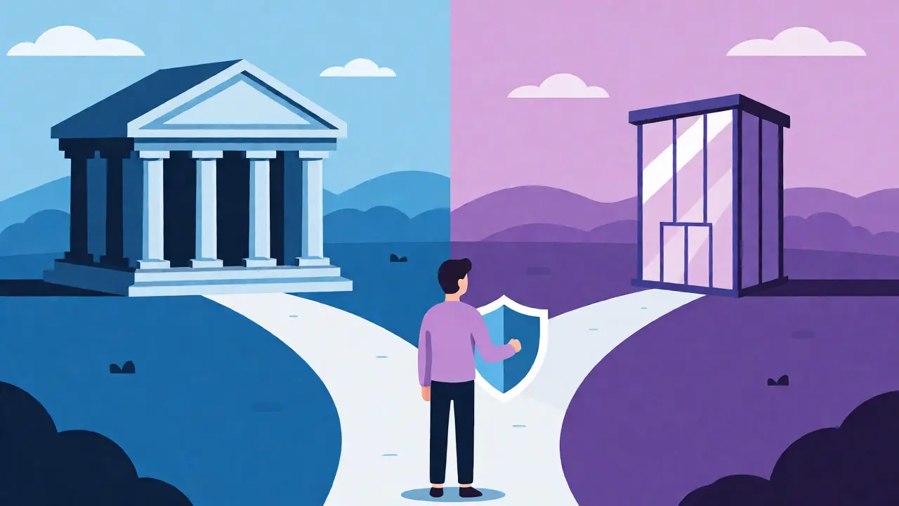 Flat illustration of a trader choosing between regulated and offshore exchange paths.