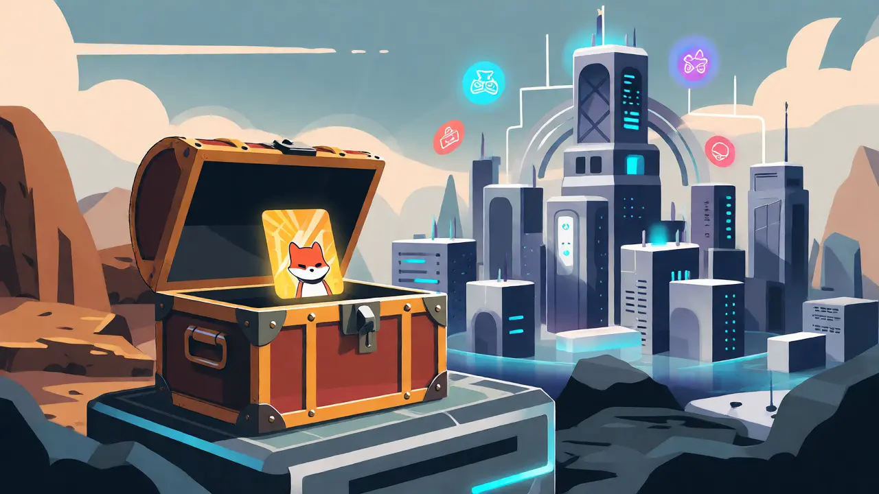 Flat illustration of a treasure chest containing a SHIB ARMY NFT against a futuristic Shibarium cityscape background.
