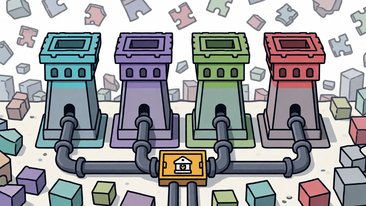 Four secure towers representing licensed Korean crypto exchanges standing firm.
