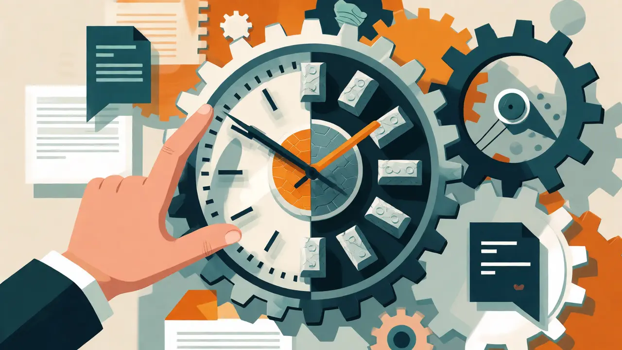 Hand touching a clock with mixed moving and solid blockchain gears