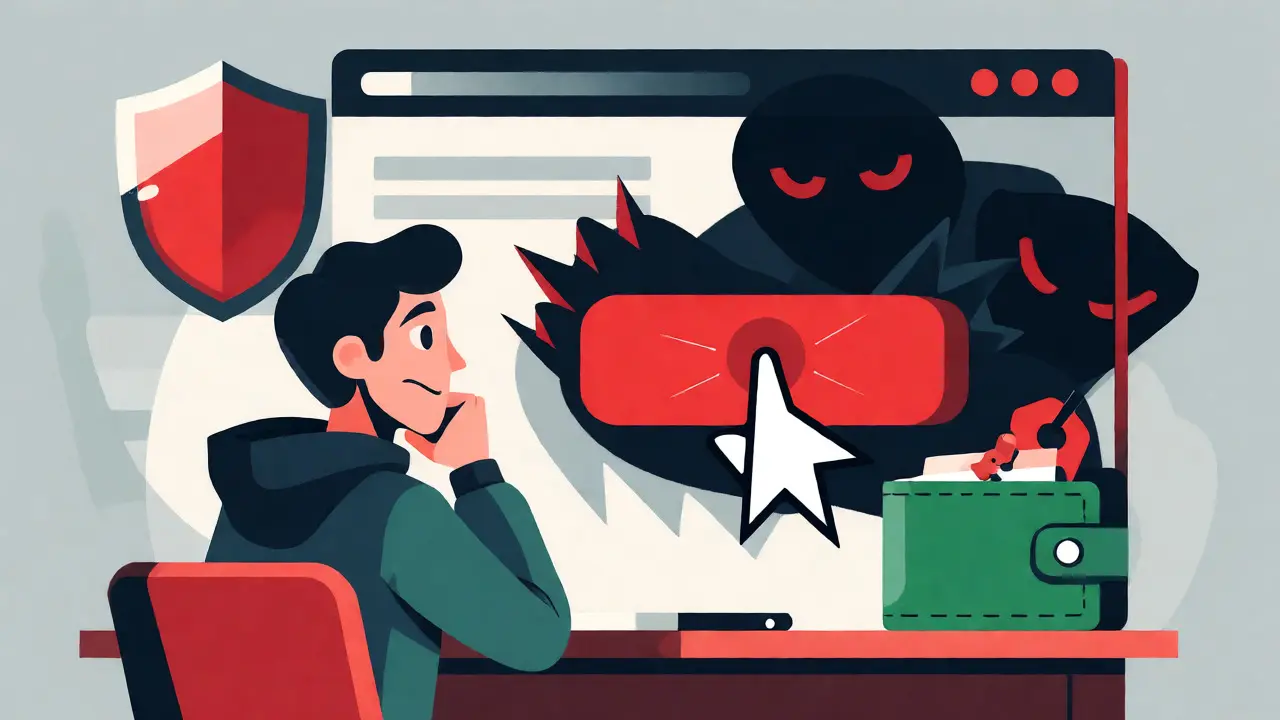 Hooded user hesitating before clicking a suspicious red button on a digital interface with scam shadows.
