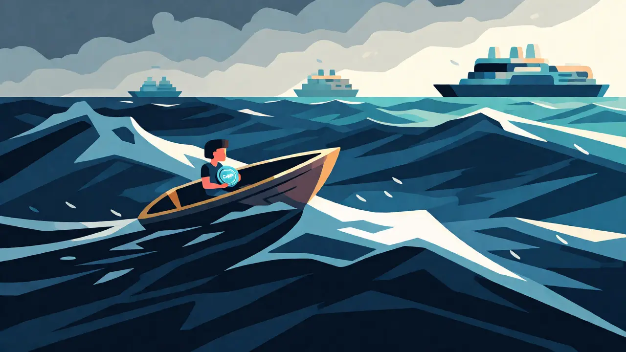 Illustration of a gamer navigating volatile market risks with CHAMP token