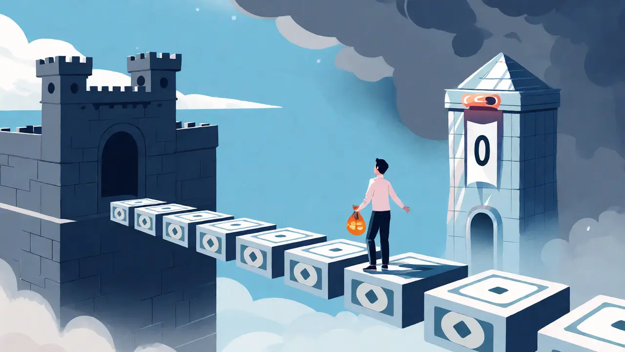 Illustration of an investor hesitating on a bridge between a major exchange and a new platform.