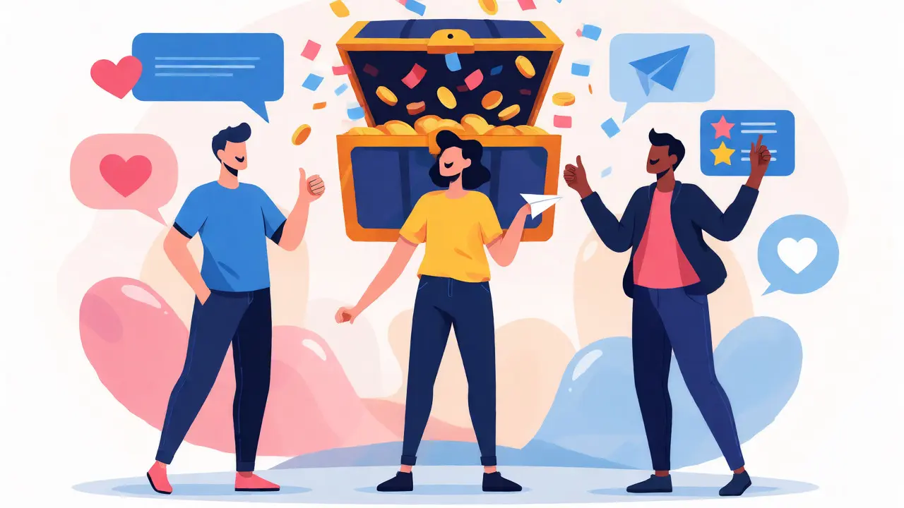 Illustration of users engaging in social tasks for token rewards