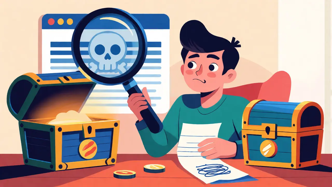 Person checking two coin chests while avoiding a scam website