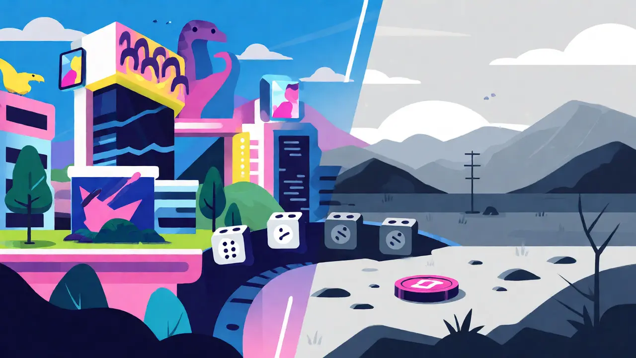 Split scene contrasting vibrant metaverse future with empty present for DSG risks.