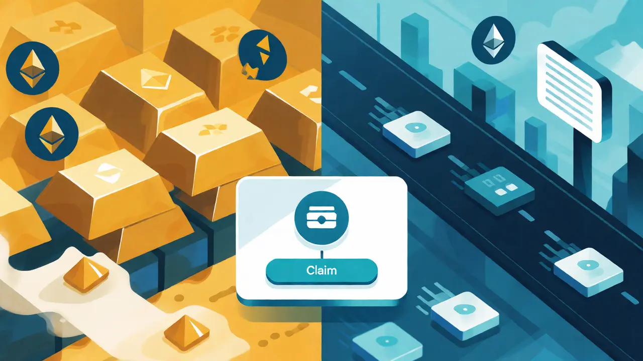Split-screen flat illustration comparing high-cost Ethereum fees with low-cost Binance Smart Chain transactions for NFT claims.