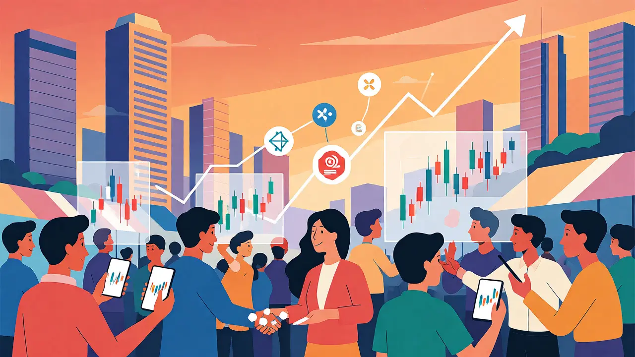 Stylized crowd trading crypto with rising charts against Jakarta skyline