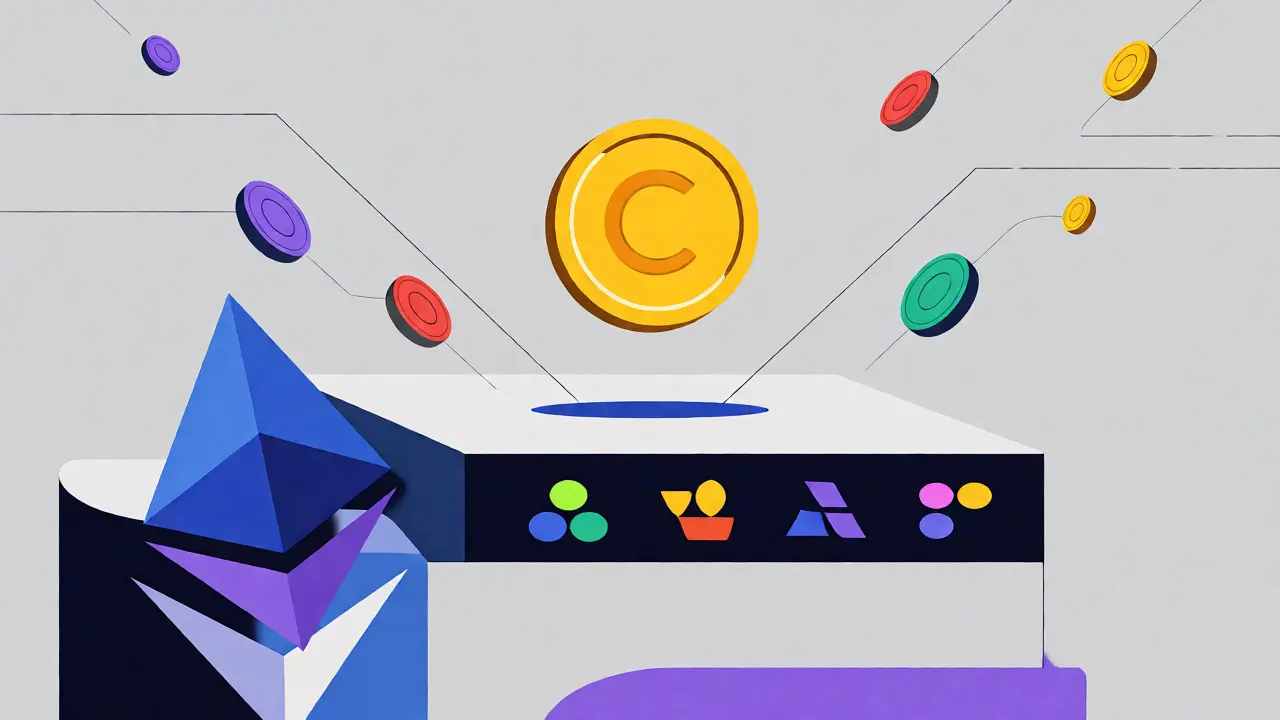 Stylized graphic showing CHAMP token flowing across the Base network