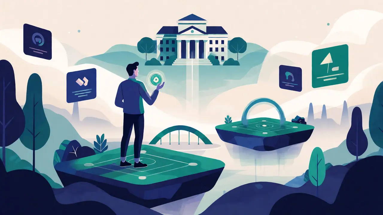 User on a floating blockchain platform connecting to a distant university via a light beam.