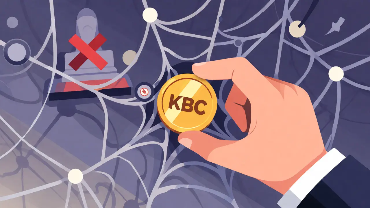 User struggling to withdraw a KBC token from a complex web of referral links and blocks.
