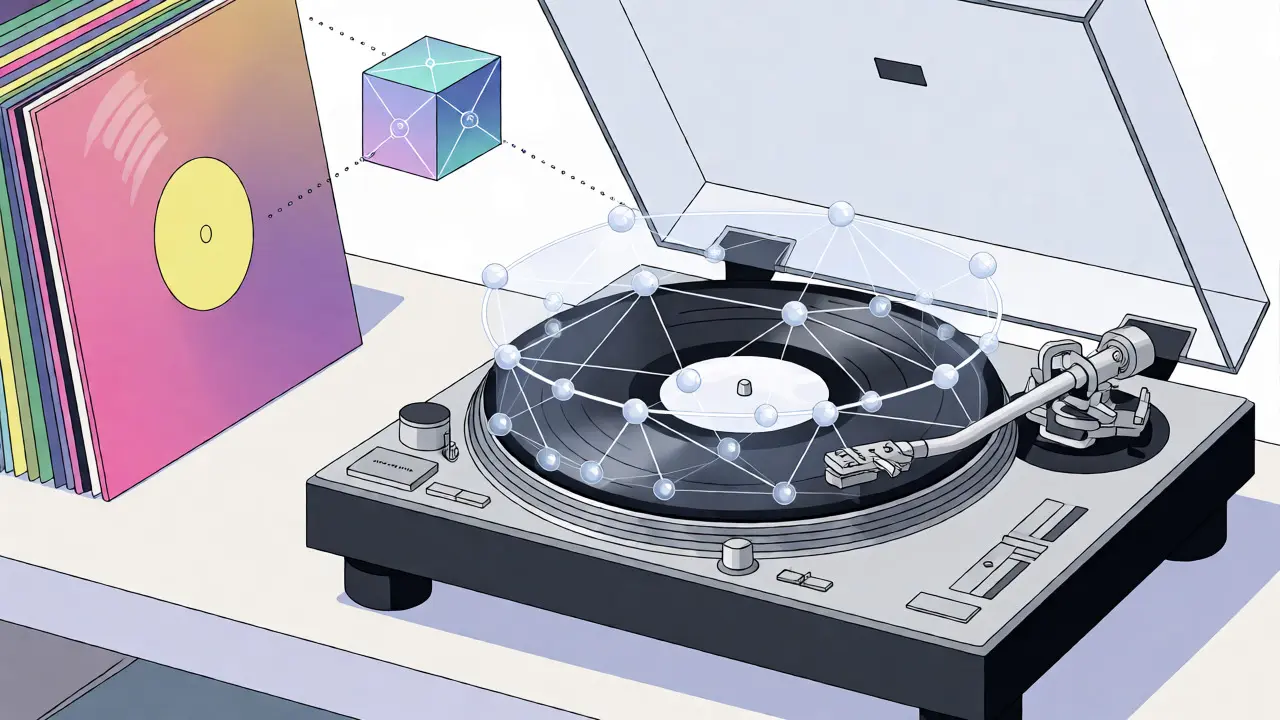 Vinyl record transforming into blockchain network with NFTs