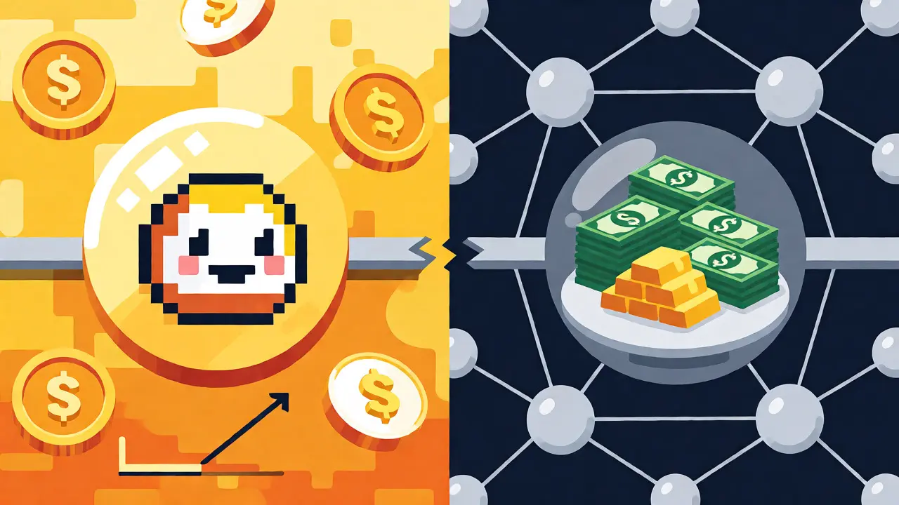 Visual comparison of meme token chaos vs stablecoin security